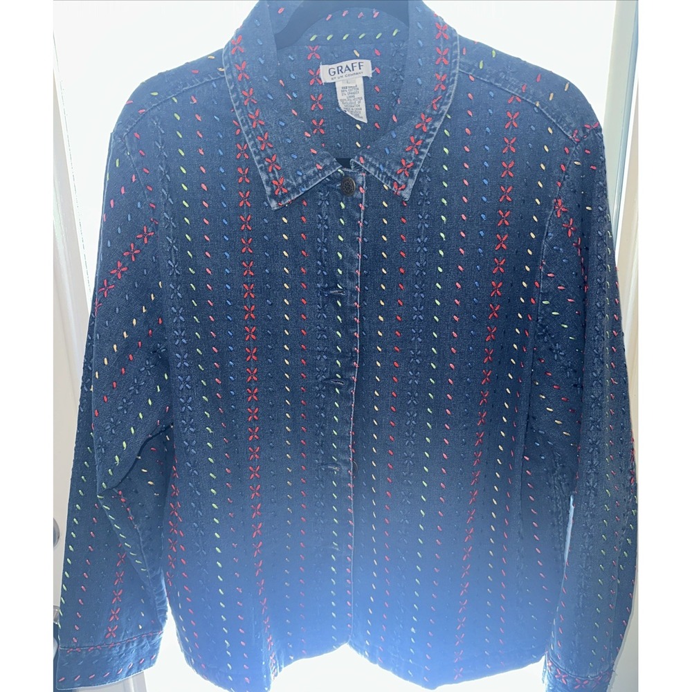 Graff by Um Company Womens Vintage Denim Embroidered Buttoned Shirt Sz Lg